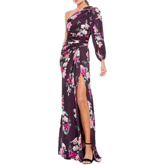 NWT IEENA Mac Duggal Plum Floral Print One Shoulder /Sleeve Gown - Picture 1 of 7